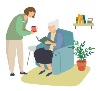 An illustration of a caregiver serving coffee on a tray to a seated, white-haired woman who is comfortably reading a book